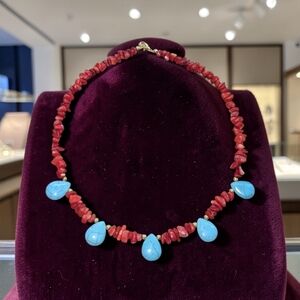 Red Coral & Turquoise Color Beads Drop Necklace - Women Jewelry